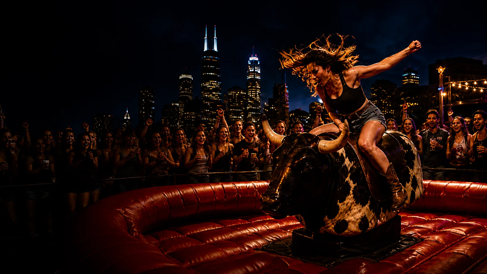 Mechanical bull rider in action at a Chicago-area event with guests watching and cheering nearby